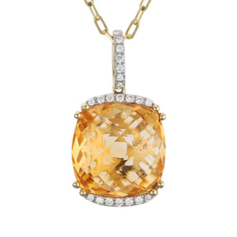 Cushion Cut Citrine and Diamond Pendant