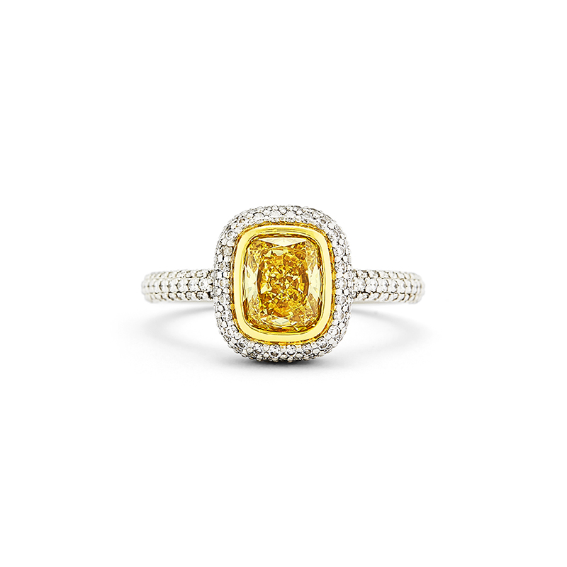 Fancy Yellow Cushion Cut &amp; Pave Diamond Ring